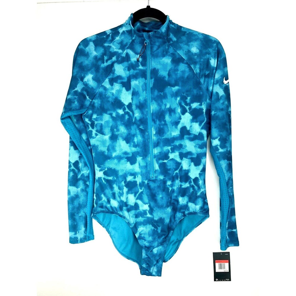 Nike Long Sleeve 1-piece Swimsuit Blue Size L Large Aquamarine Cloud Dye NWT